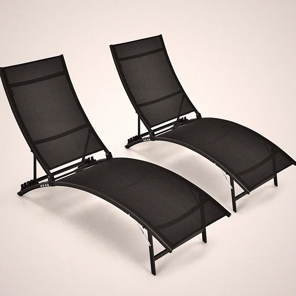 2 PCS Patio Folding Chaise Lounge Chair Recliner Adjustable Stackable Deck Black