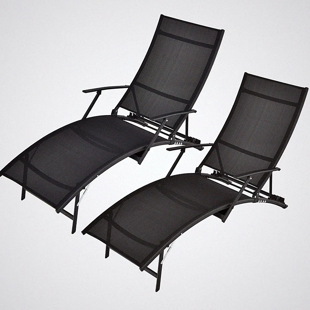 2 Pieces Patio Folding Lounge Chair Chaise Recliner Adjustable Stackable Black