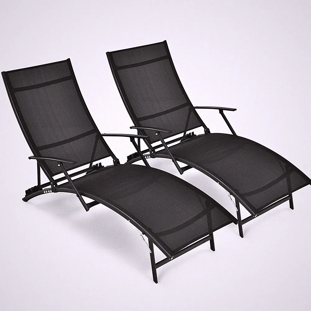 2PCS Patio Folding Lounge Chair Chaise Recliner Adjustable Stackable W/Armrest