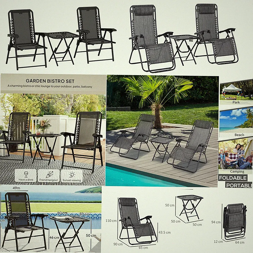 3pcs Zero Gravity, Garden Bistro Chairs Table Set for Beach Champing Garden Park