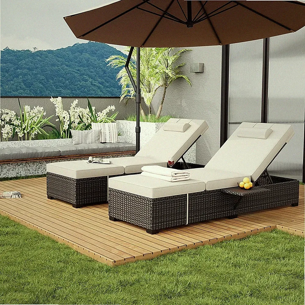 Lounge Chair Set of 2 for Outdoor, Adjustable Wicker Chaise Lounge for Garden T