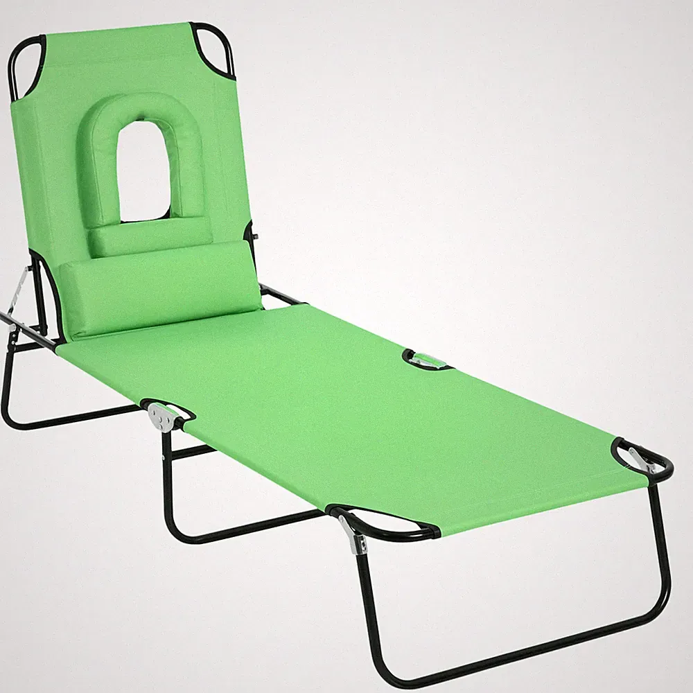 Outsunny Folding Sun Lounger Reclining Chair w/ Pillow Reading Hole Green