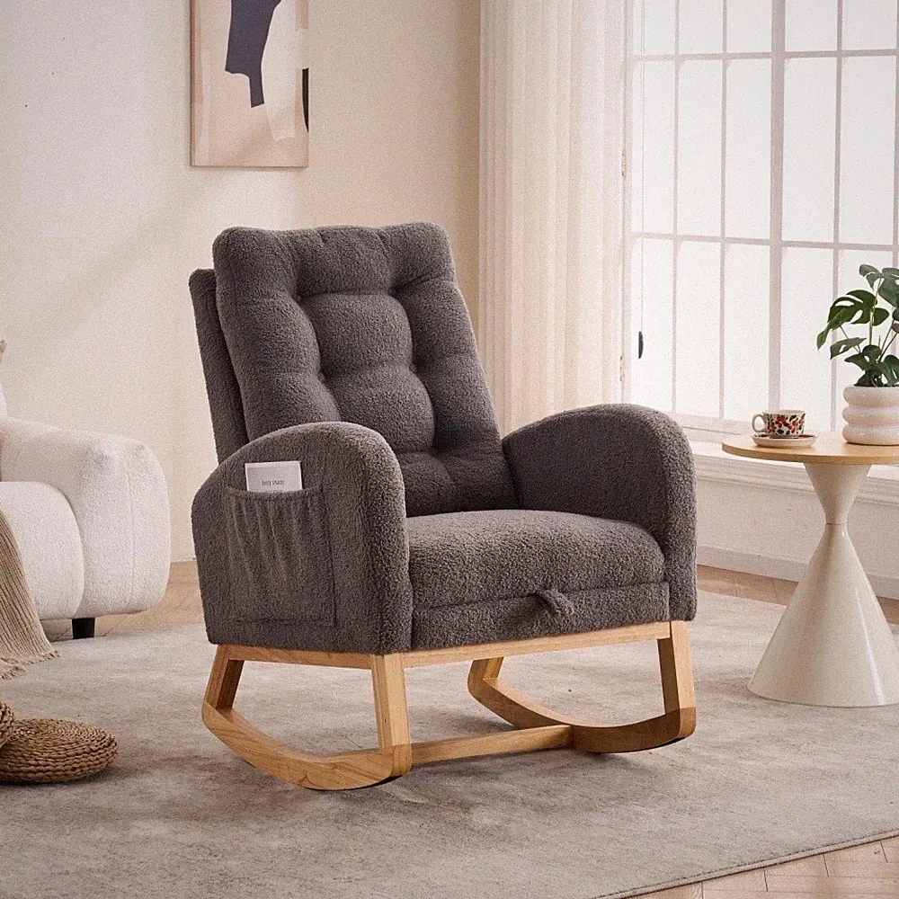 Rubber wood rocking chair with high backrest, shoulder strap, footrest, cushion